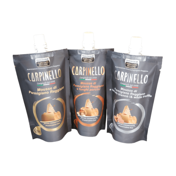 Kit degustazione Carpinello crema di Parmigiano Reggiano, linea Chef con tre gusti in confezione doypack da 150 gr